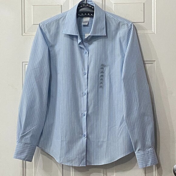 NWT Worthington No-Iron Sz 6 Womens Blouse Shirt Long Sleeve Striped Blue/White - Picture 1 of 10